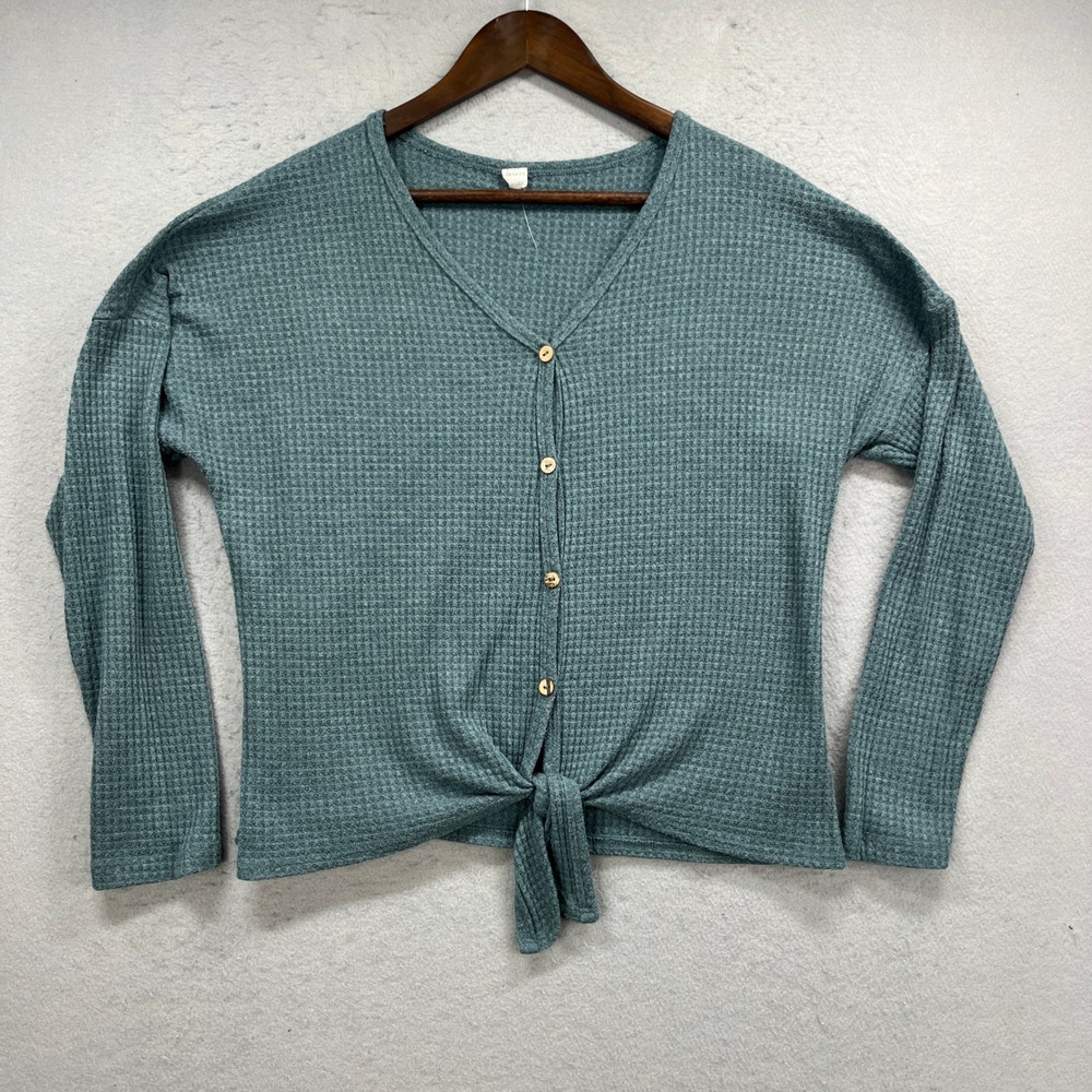 Lazy Sundays Cardigan Women L Green Waffle Thermal Tie V Neck Boho Minimalist